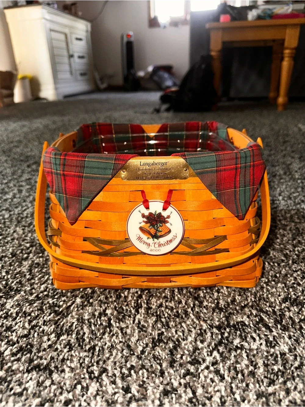 Longaberger Plaid-Lined Holiday Basket in Red & Tan